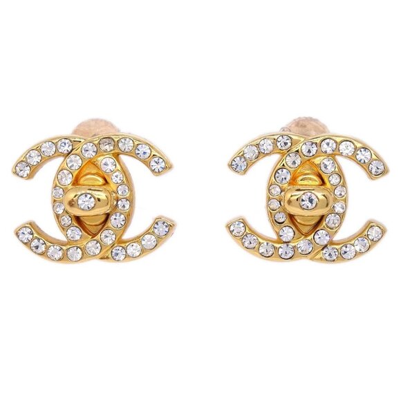 Chanel CC Turnlock Rhinestone Earrings Clip-On Gold Small 96A 165052 - Picture 1 of 4